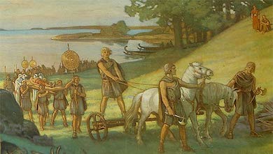 Begravningsprocession under bronsåldern med bronssköldar, ceremoniyxor, häst dragen av vagn och skepp. (Beskuren bild från skolplansch)