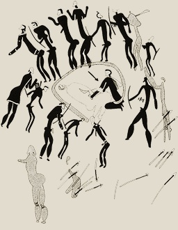 Bushmen teckning trance dans "Halvdöd" döden är en metafor för transtillståndet.