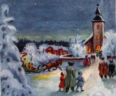 Julotta utsnitt vykort av Stina Broomé (1891-1991