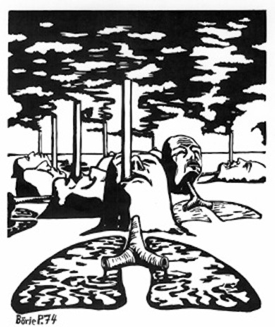 Rökare och luftförorening (linoleumsnitt, Börje Peratt 1974)