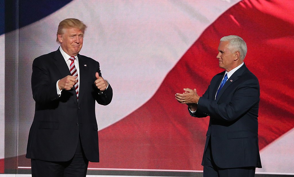Candidate Trump and running mate Mike Pence at the Republican National Convention, July 2016 Wikipedia https://en.wikipedia.org/wiki/Donald_Trump#/media/File:Donald_Trump_and_Mike_Pence_RNC_July_2016.jpg